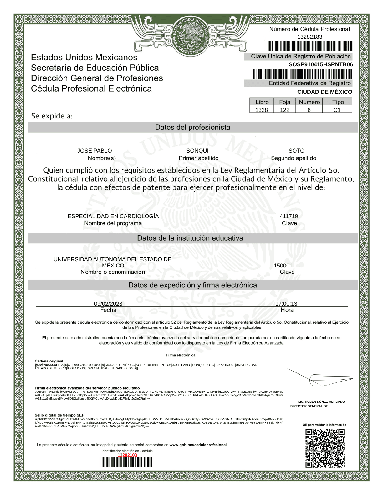 Cédula profesional de cardiólogo clínico en CDMX